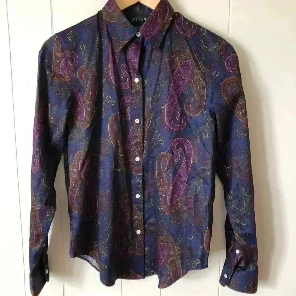 Lauren Ralph Lauren Button Down Paisley Printed Cotton Top Shirt Size XS